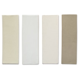 Standard Clay Company 105 White Talc-Free Clay sample tiles left to right - fired clay with clear glaze; fired clay with white glaze; bisque fired clay; unfired clay 