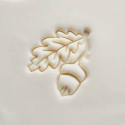 MKM Pottery Tools Large Round Stamp - SCL-167, Oak Leaf with Acorn applied to clay