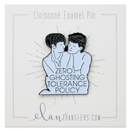 Elan Transfers Enamel Pin - No Ghosting Tolerance, pinned to front of packaging