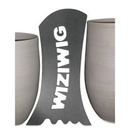 WiziWig Flute Makin’ Victoria Metal Potter’s Rib shown with clay pots to show angle