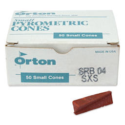 Orton Small Pyrometric Cones, Cone 04, Box of 50 - two cones shown in front of packaging