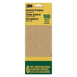 3M General Purpose Sandpaper - Pkg of 6, Medium Grit 100-C, 3.6" x 9" front of packaging