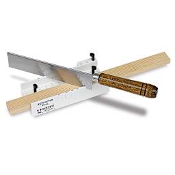 Easy Mitre Box Deluxe - Angled view of Miter Box with Razor saw inserted cutting block of wood