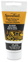 Speedball Oil Base Block Printing Ink - Black, 1.25 oz standing on cap
