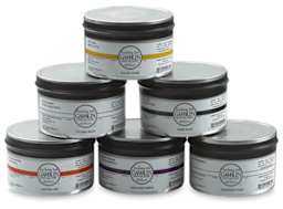 Gamblin Etching Inks - Front view of pyramid of 6 Tins of various colors of Inks