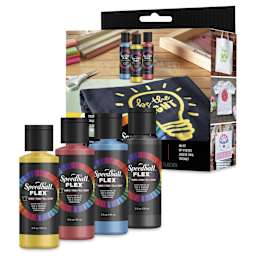 Speedball Flex Screen Printing Fabric Inks - Set of 4, 2 oz bottles in front of packaging