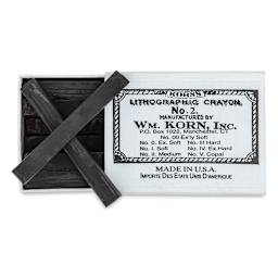 Korn's Lithographic Crayons - Box of 12, #2 Medium - top view with box slid half open