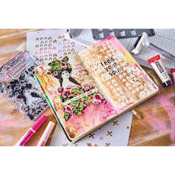 Sizzix Studio Layered Stencil and Stamp Set - Set of 14, Feed your Soul showing completed project in notebook
