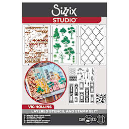 Sizzix Studio Layered Stencil and Stamp Set - Set of 23, City Life front of packaging