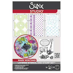 Sizzix Studio Layered Stencil and Stamp Set - Set of 9, Stitches A5 front of packaging