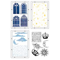 Sizzix Studio Layered Stencil and Stamp Set - Set of 9, Weather Wonder A5