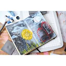 Sizzix Studio Layered Stencil and Stamp Set - Set of 9, Weather Wonder A5 completed project in notebook