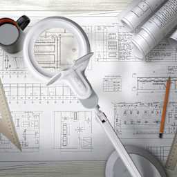 OttLite Space-Saving LED Magnifier Desk Lamp - White, used with design plans on a desk