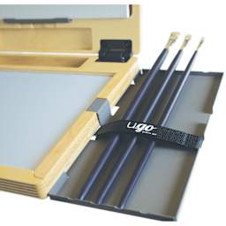 New Wave u.go Plein Air Adjustable Brush Straps - Pkg of 2, single strap shown on the metal tray (brushes, tray, and pochade not included)