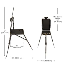 Minimum height 57” (139.7 cm). Length 39” (99.06 cm). Depth 31.5” (80.01 cm). Tray Length 18" (45.72 cm). Holds maximum canvas height 34” (86.36 cm)