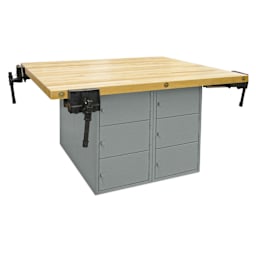 Hann Four-Station Locker-Type Workbench - Gray, horizontal locker with 4 Vises