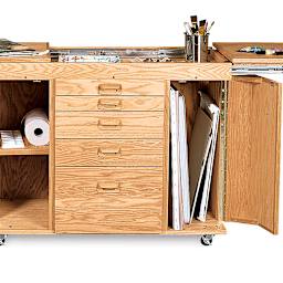 Shawn's Watercolor Station - opened showing canvas storage and Top work space with accessories
