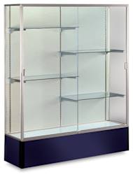 Spirit Series Display Case - Angled view of Satin Aluminum Frame with Navy Base