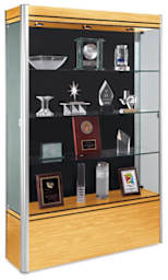 Contempo 48" Display Case-side view showing locking door, 3 glass shelves, maple/satin finish