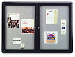 Ghent Ovation Radius Gray Fabric Tackboard with two doors and black trim