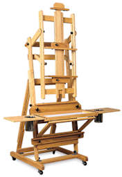 Best Manhattan Easel - Showing tilted top carriage with mounted tray and 2 possible canvas holders