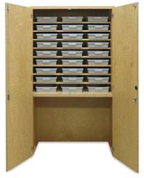 Hann Tote Tray Garage Cabinet - Front view with doors open showing 27 Tote Trays in storage