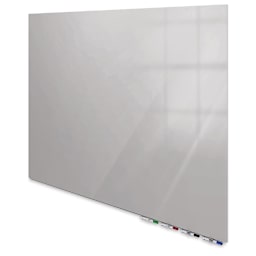 Ghent Aria Magnetic Glassboards - right angled view of gray glassboard showing marker tray 