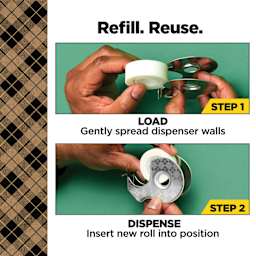 Refill. Reuse. Load, Gently spread dispenser walls. Dispense, Insert new roll into position