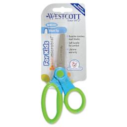 Westcott Anti-Microbial Protection Soft Handle Kids Scissors - 5", Blunt green and blue option front of packaging