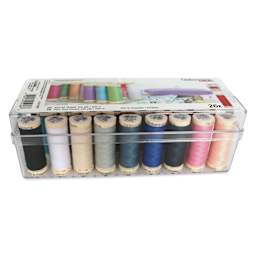 Gutermann Sew-All Polyester Thread - Set of 26, Basic Shades, 110 yd Spools with Box packaging angled view