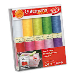 Gutermann Sew-All Polyester Thread - Set of 10, Spring Shades, 110 yd Spools front of packaging