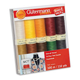 Gutermann Sew-All Polyester Thread - Set of 10, Fall Shades, 110 yd Spools front of packaging
