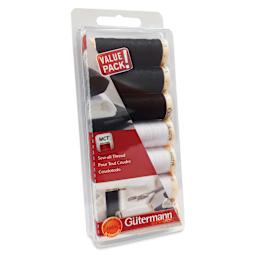 Gutermann Sew-All Polyester Thread - Set of 7, Black and White, 110 yd Spools front of packaging