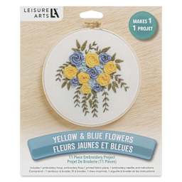 Leisure Arts Embroidery Kit - Yellow and Blue Flowers, 6", front of the packaging