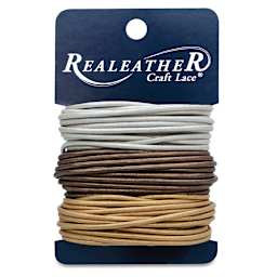 Realeather Round Leather Lace - Loop of Gold, Silver, and Copper cords on hang tag