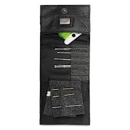Muud Carla Foldable Leather Sewing Needle Case - Black - laid out, top view (materials not included)