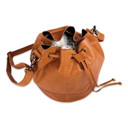 Muud Donna Leather Drawstring Bag - Brown - partially open, holding materials (not included)