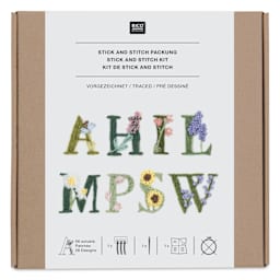 Rico Design Stick and Stitch Embroidery Kit - Pkg of 56, Colorful Floral Alphabet front of packaging