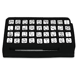 Realeather Leather Tooling Sets - Angled view of storage case holding letters and numbers
