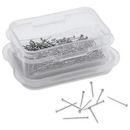 Dritz Sequin Lills Pins - 1/2", Pkg of 350 storage box open beside cluster of pins