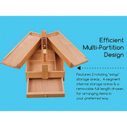 Meeden 3-level Artist Storage Box. Efficient Multi-partition design. Features 2 rotating "wings" storage areas, 4-segment internal storage areas and a removable full length drawer, for arranging items in your preferred wat