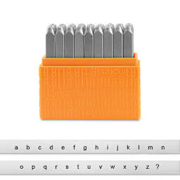ImpressArt Letter and Number Stamp Sets - Front view of open Lowercase San Serif font set with type