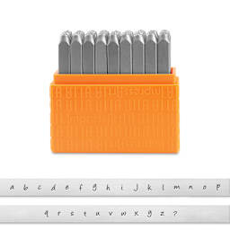ImpressArt Letter and Number Stamp Sets - Front view of open Lowercase Bridgett font set with type