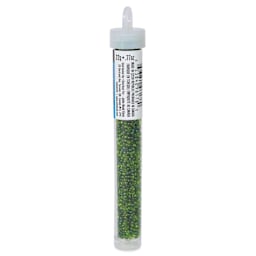 John Bead Czech Glass Seed Beads - Transparent Sea Green, Luster Mix, 10/0, 22 g Vial side view