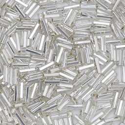 John Bead Czech Glass Seed Beads - Bugle Style, Crystal, 10/0, 22 g Vial close up