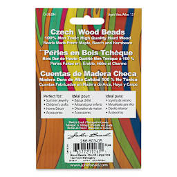 John Bead Euro Wood Beads - Mahogany, Round, Large Hole, 14 mm x 11 mm, Pkg of 25 - back of packaging