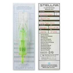Peak Stellar Round Liner Long Taper Tattoo Needle Cartridges - #10, 5 Needles, Pkg of 20, front and back of packaging