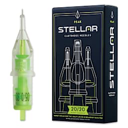 Peak Stellar Round Liner Long Taper Tattoo Needle Cartridges - #10, 5 Needles, Pkg of 20, needle and packaging
