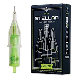 Peak Stellar Round Liner Long Taper Tattoo Needle Cartridges - #12, 9 Needles, Pkg of 20, needle and packaging