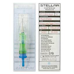 Peak Stellar Round Shader Extra Long Taper Tattoo Needle Cartridges - #10, 9 Needles, Pkg of 20, front and back of packaging